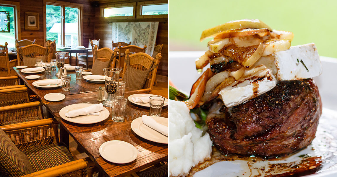 Dining room and steak topped with cheese at The Orchard