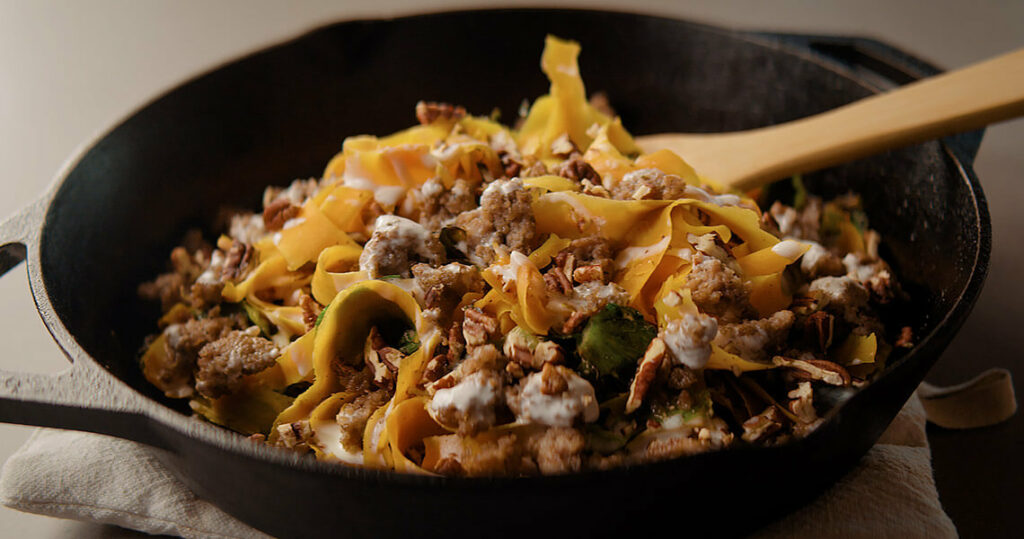 Butternut Squash Ribbons with Sausage and Pecans | Our State