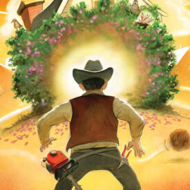 Illustration of our Ramblin' Man about to prune his yard hedges