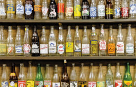 Shelves of vintage glass bottles