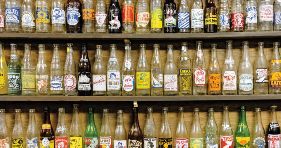 Shelves of vintage glass bottles