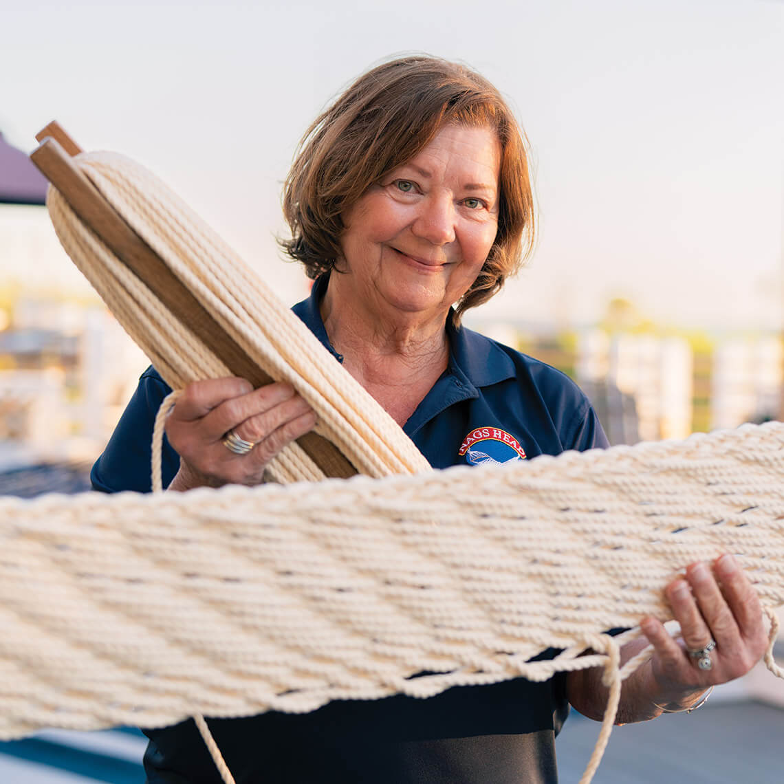 Susan Beaver weaving a hammock at Nags Head Hammocks