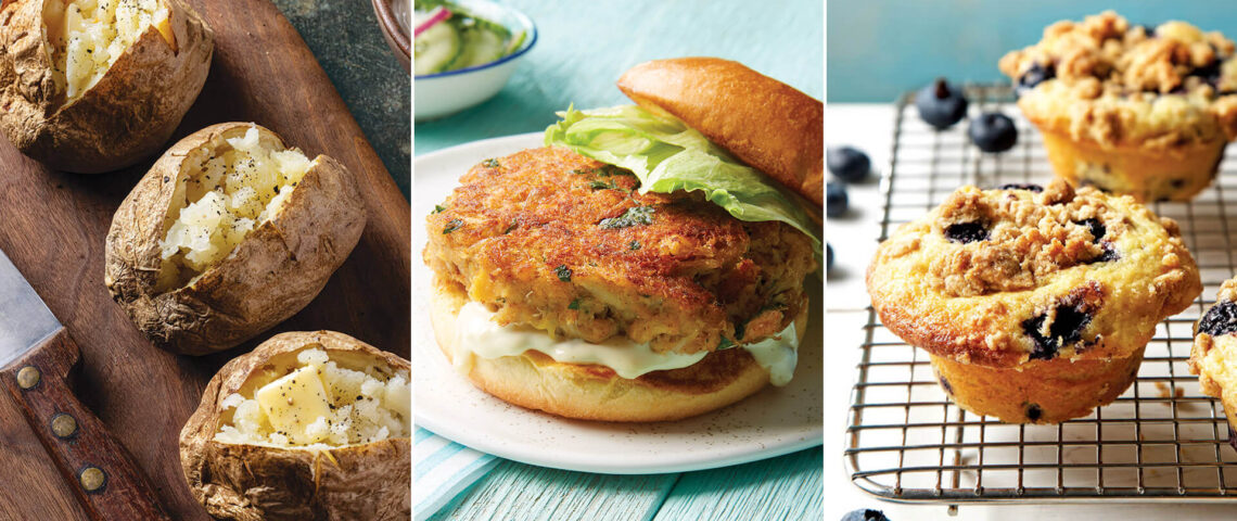 Baked potatoes, crab cake burger, and blueberry muffins