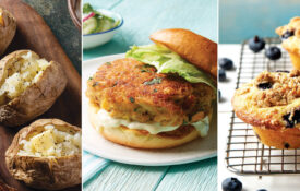 Baked potatoes, crab cake burger, and blueberry muffins