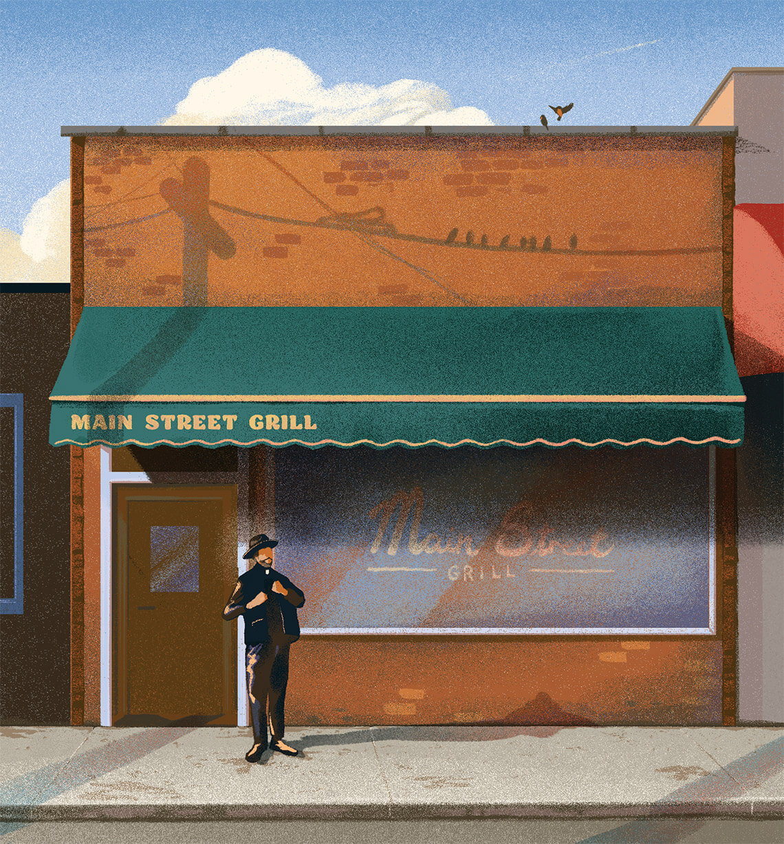 Illustration of a priest outside of Main Street Grill