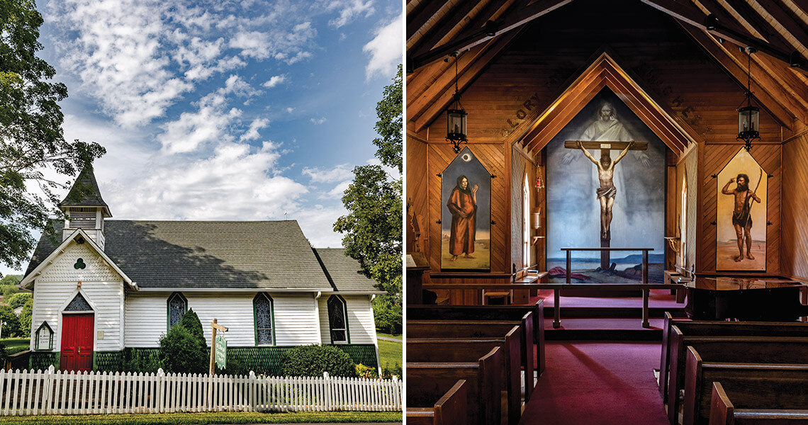 Exterior of the Church of the Frescoes in West Jefferson and the paintings inside.