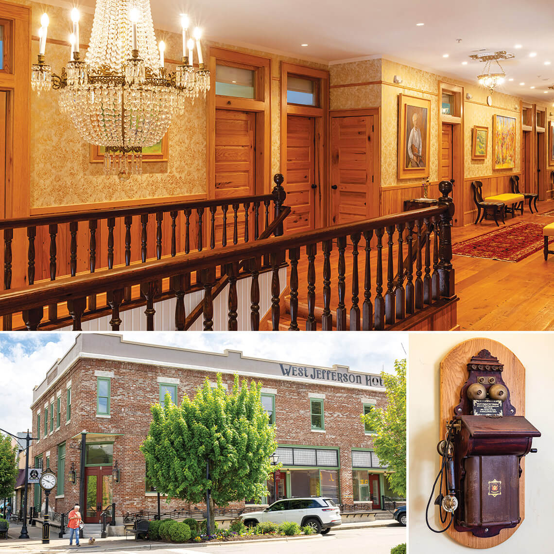 The West Jefferson Hotel exterior, interior and antique phone