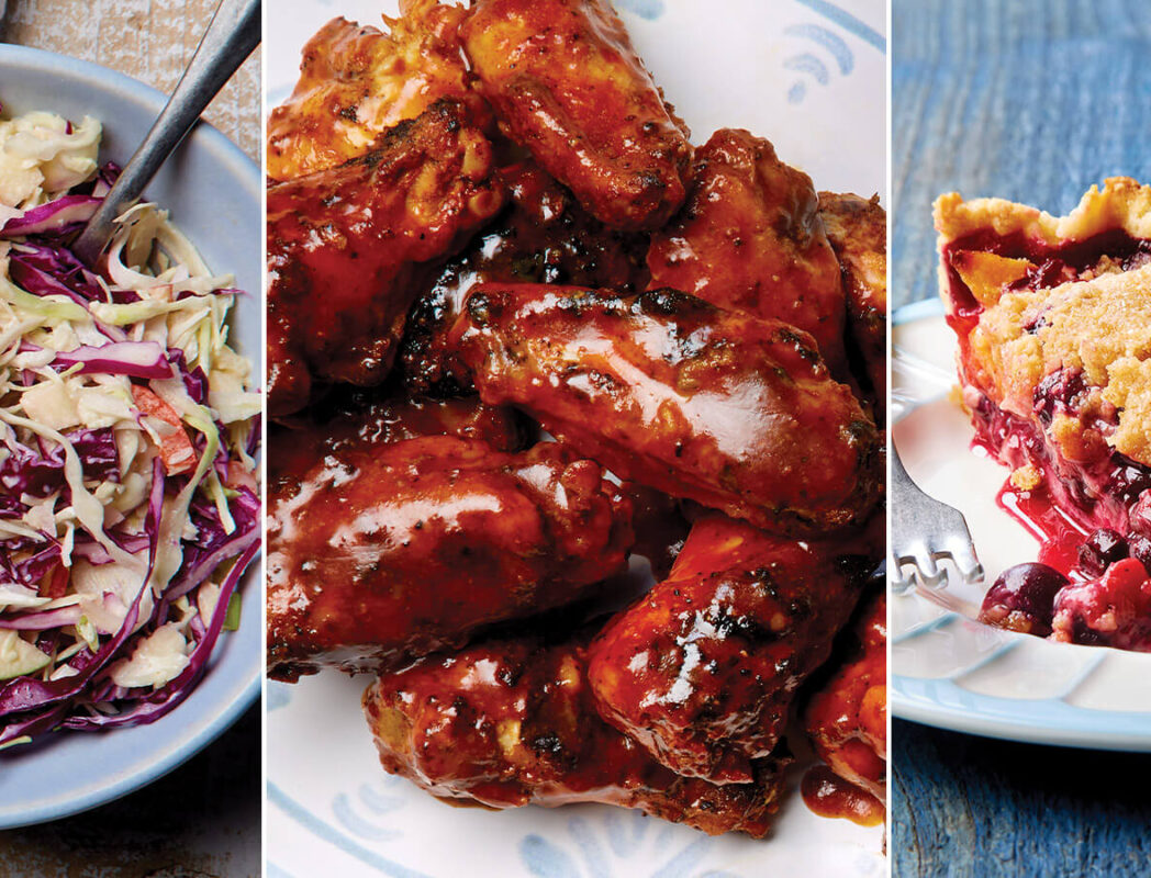 Coleslaw, barbecue wings, and peach and blueberry pie