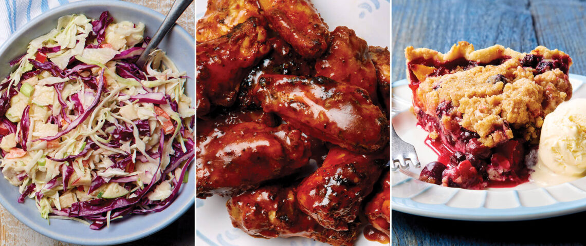 Coleslaw, barbecue wings, and peach and blueberry pie