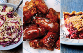 Coleslaw, barbecue wings, and peach and blueberry pie