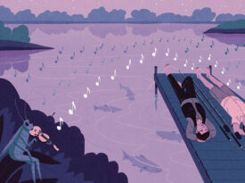 Illustration of people listening to sounds at night