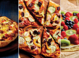Three pizzas: Sausage and pepper pizza, garden veggie pizza, and fruit dessert pizza