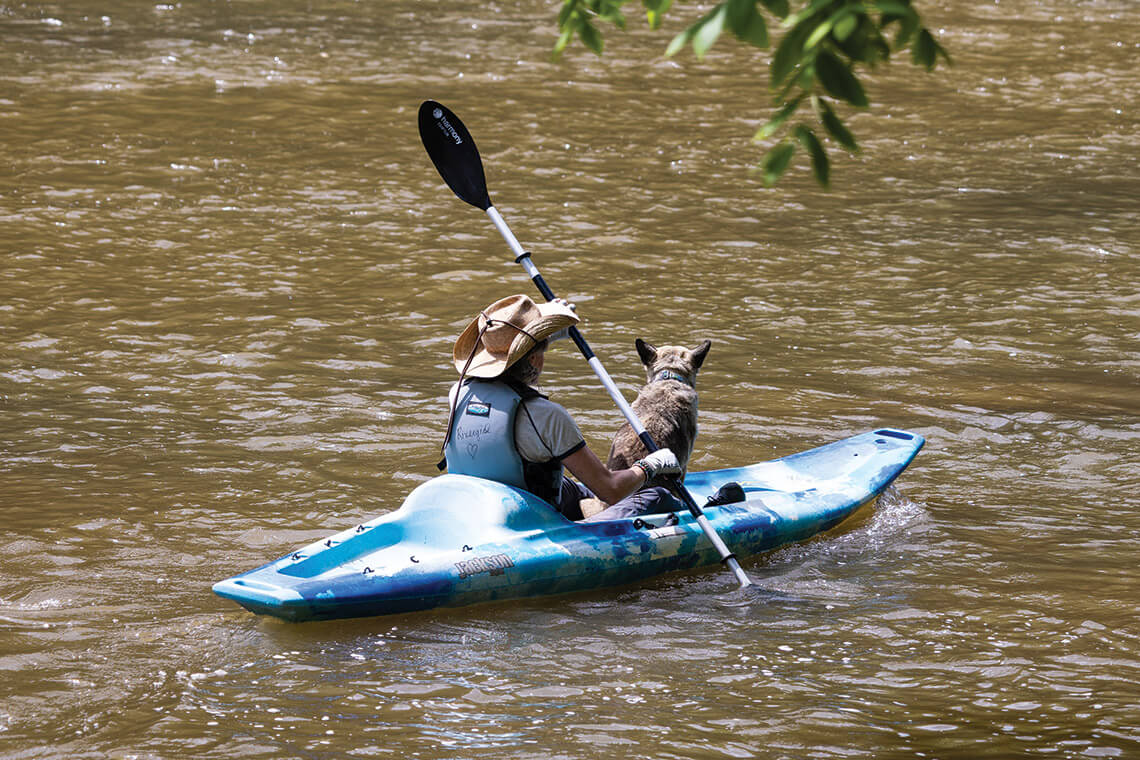 McCoy paddling her kayak with her dog Chico