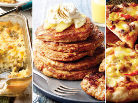 Corn casserole, apple pancakes, and sausage and pepper pizza