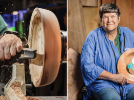 Louise Butler using a lathe to create her pieces