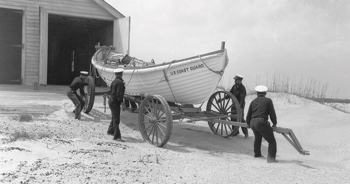 Crew at the Pea Island Life-Saving Station during a training