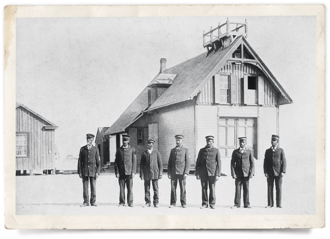 Richard Etheridge and the Pea Island Life-Saving Station crew in front of the old station