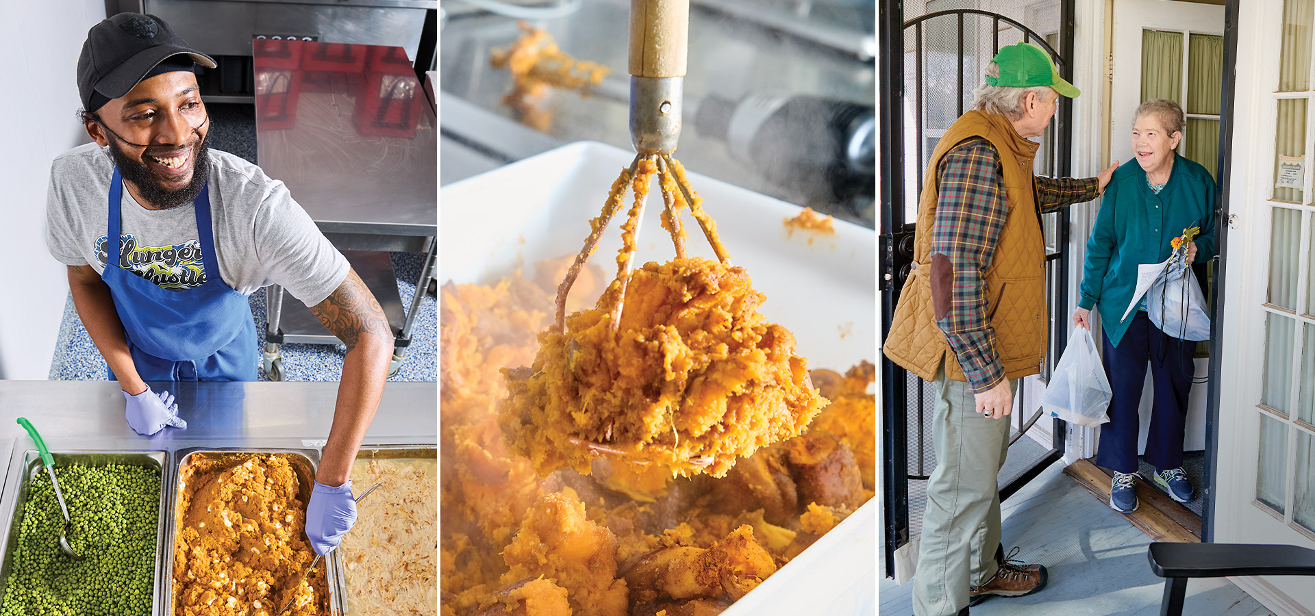 Meals on Wheels volunteer Jere Campbell, sweet potatoes, and Franklin Plummer delivering meals