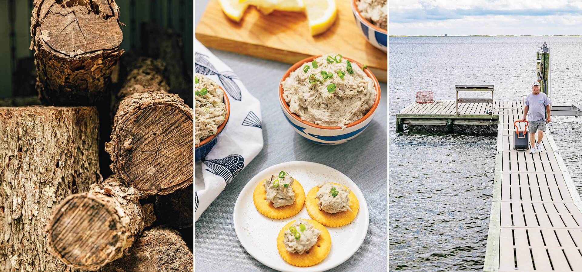 Pecan wood, smoked fish dip on crackers, and Craig Hamilton on the dock