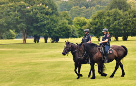 Two officers in the Raleigh Police Department's Mounted Unit in Dix Park
