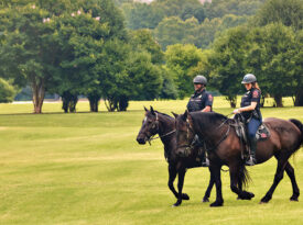 Two officers in the Raleigh Police Department's Mounted Unit in Dix Park