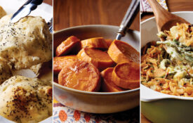 Poppy seed dinner rolls, baked sweet potatoes, and lima bean and asparagus casserole
