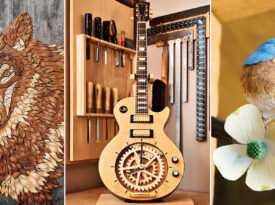 Wooden carved wolf, wooden guitar clock, wooden bird carving