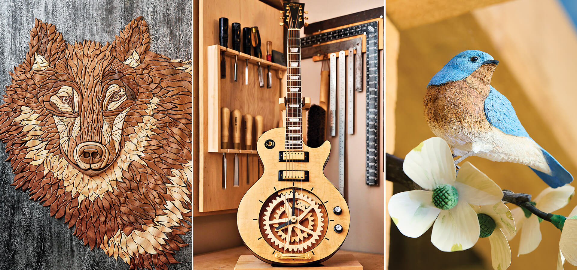 Wooden carved wolf, wooden guitar clock, wooden bird carving