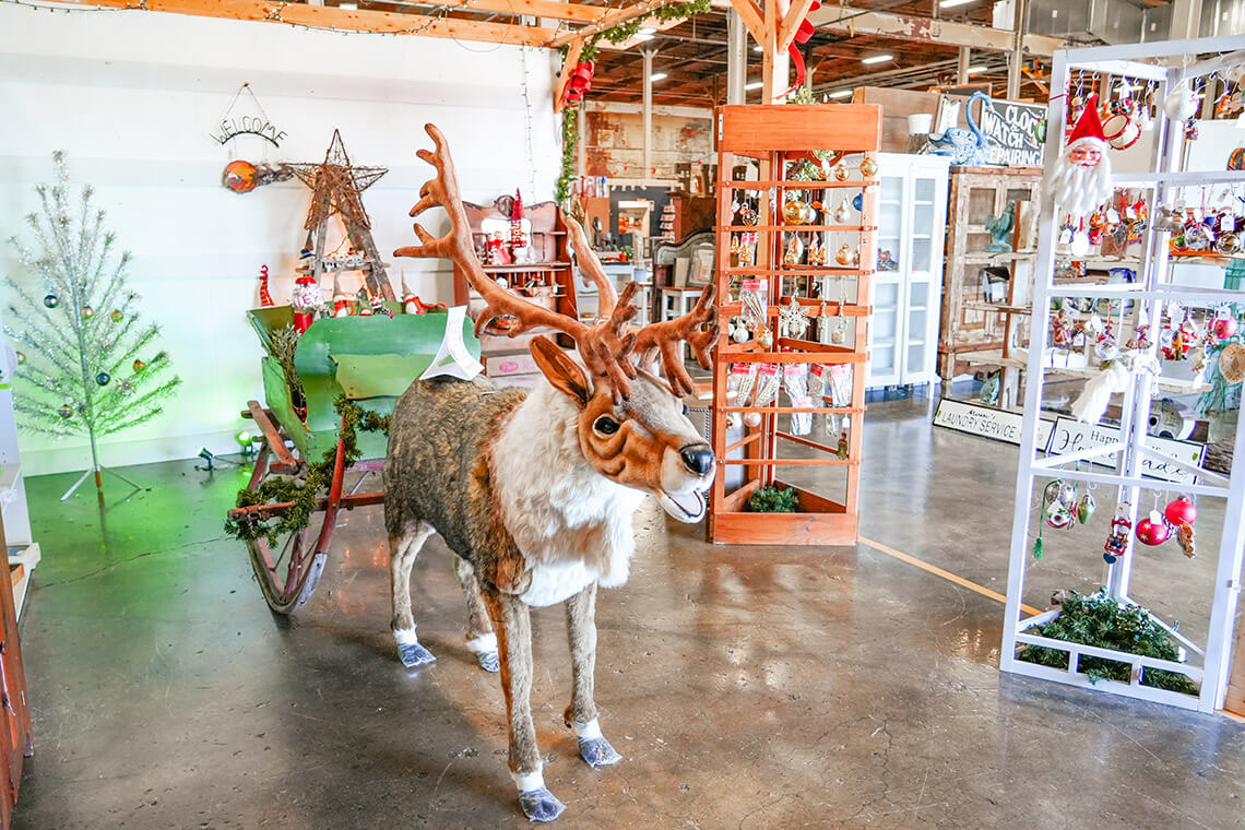 Reindeer with sleigh at the Main Street Antiques and Design Gallery 