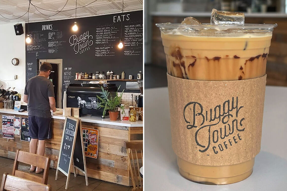 Interior of Buggy Town Coffee and an iced latte