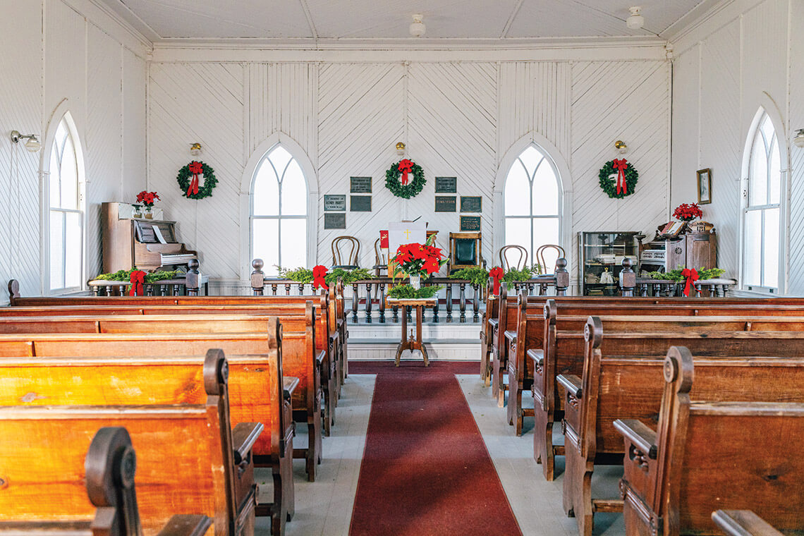 Wreaths and garlands inside the Methodist Church on Portsmouth Island