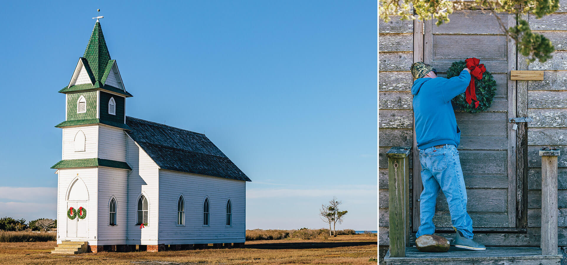 Exterior of the Portsmouth Methodist Church and Gregory Gilgo hanging a wreath