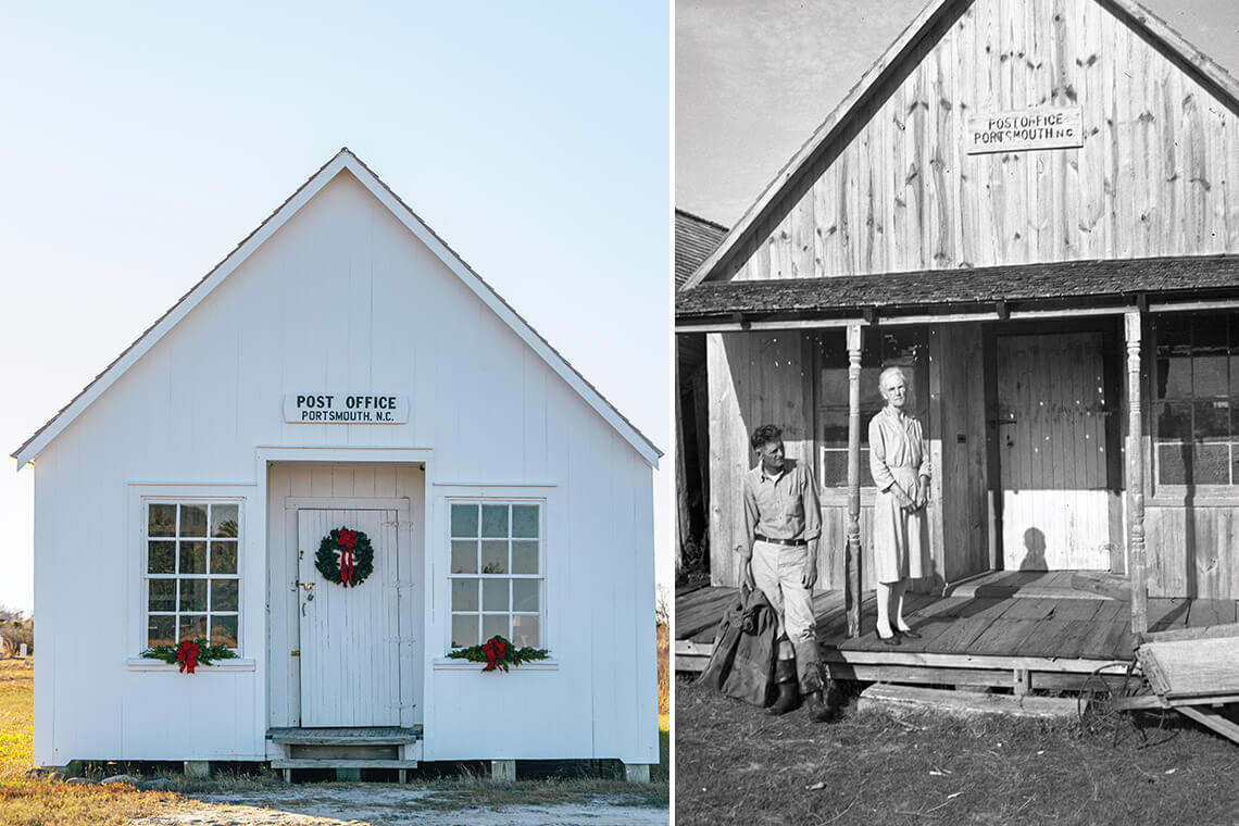 Exterior of the Portsmouth Post Office decorated for Christmas in 2024 and image of the post office in the 1940s
