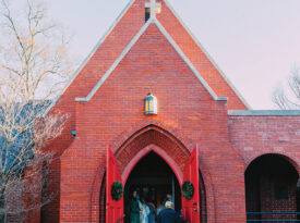 Exterior of St. Martin Church decorated for Christmas