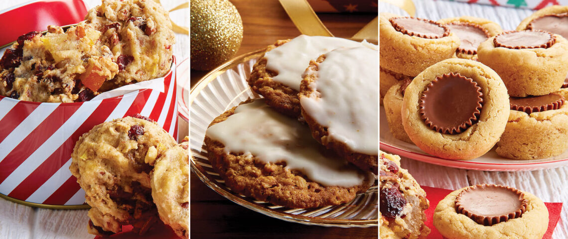 Fruitcake, iced oatmeal cookies, peanut butter blossoms.