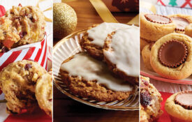 Fruitcake, iced oatmeal cookies, peanut butter blossoms.