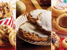 Fruitcake, iced oatmeal cookies, peanut butter blossoms.