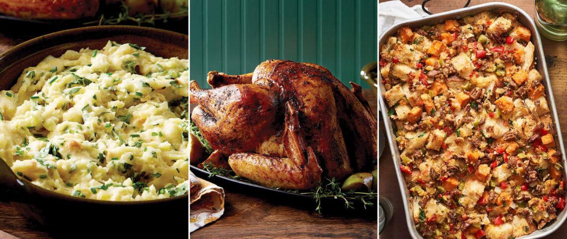 Mashed potatoes, roasted turkey, stuffing