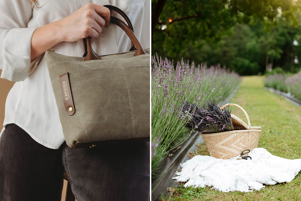 Purse at R. Riveter and lavender field at Lazy Fox Lavender Farm
