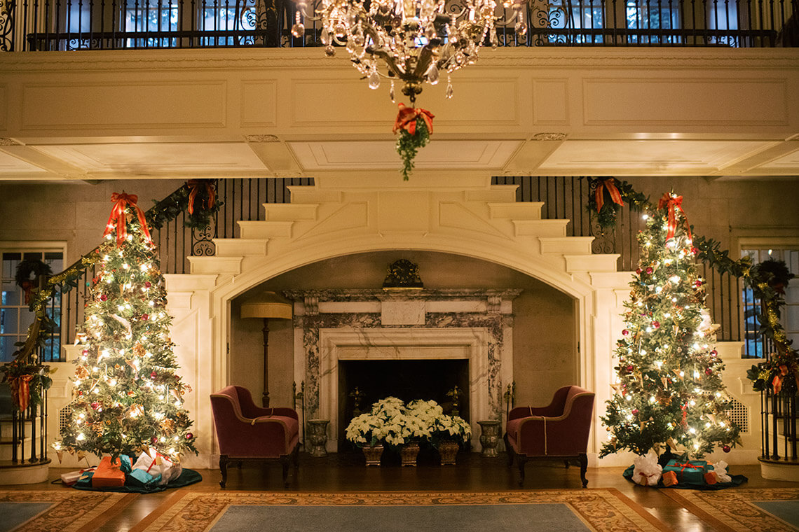 Christmas decorations inside Reynolda Reception Hall