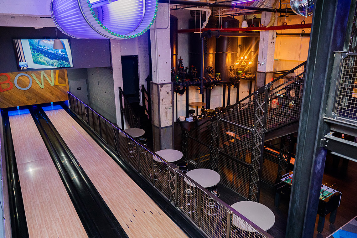The bowling lanes at the Kimpton Cardinal's rec room