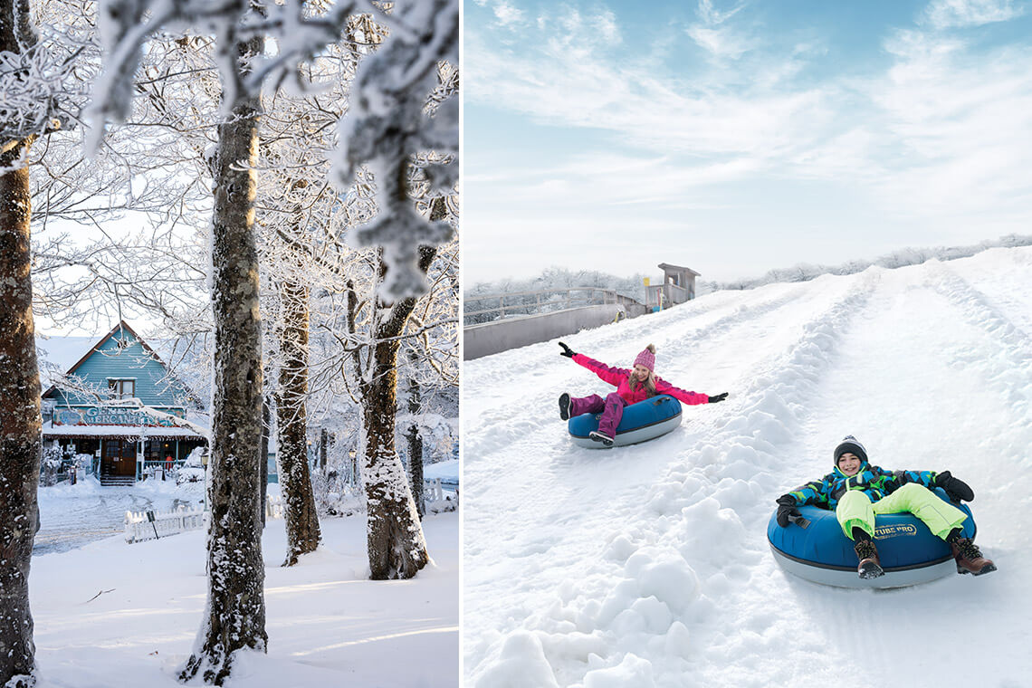 Fred's General Mercantile in the snow and children in snow tubes