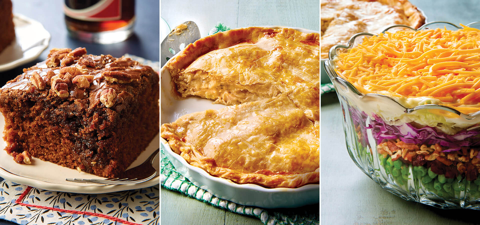 Coca Cola Cake, Chicken pot pie, and seven layer salad