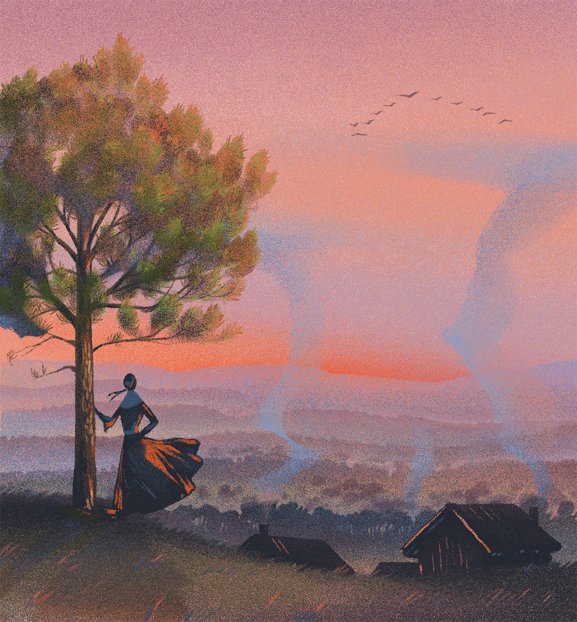 Illustration of book character overlooking the land