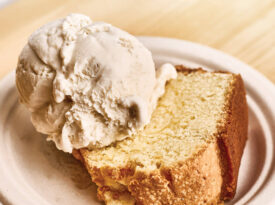 Slice of pound cake topped with ice cream