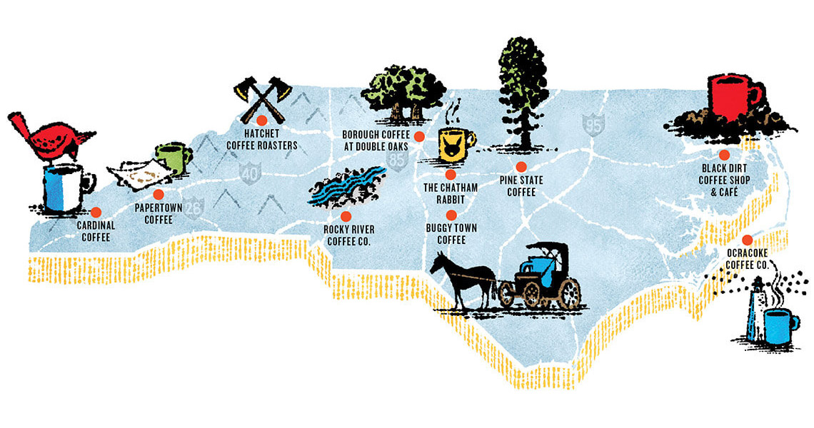 Illustration of coffee shops across the state of North Carolina
