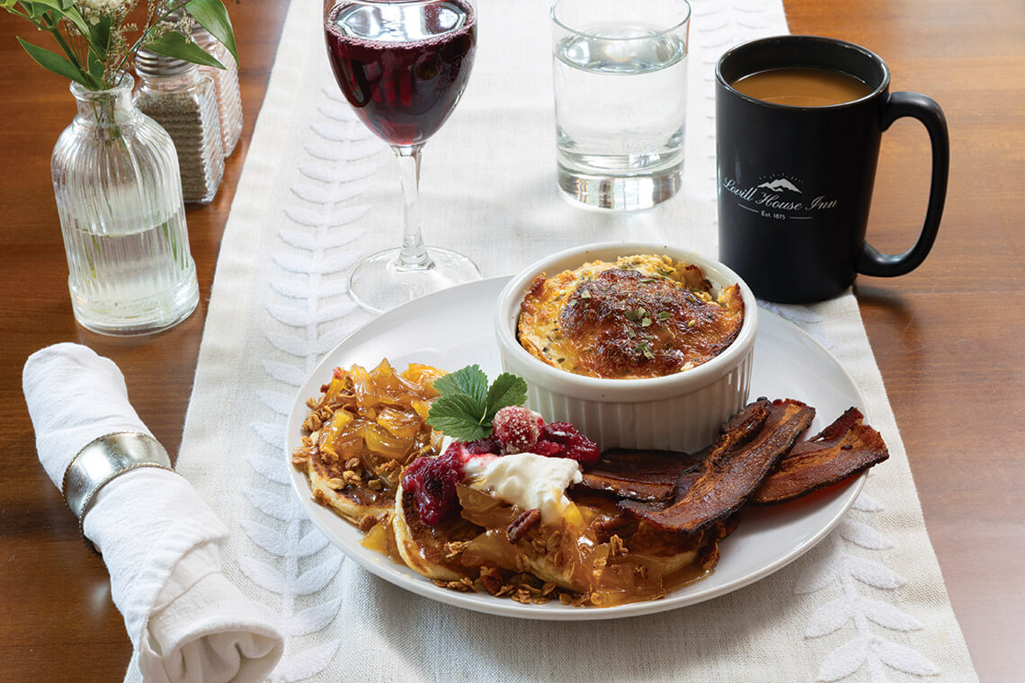 Breakfast plate and coffee at Lovill House in Boone