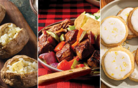 Baked potatoes, sirloin beef tips, and lemon cookies