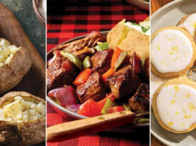 Baked potatoes, sirloin beef tips, and lemon cookies