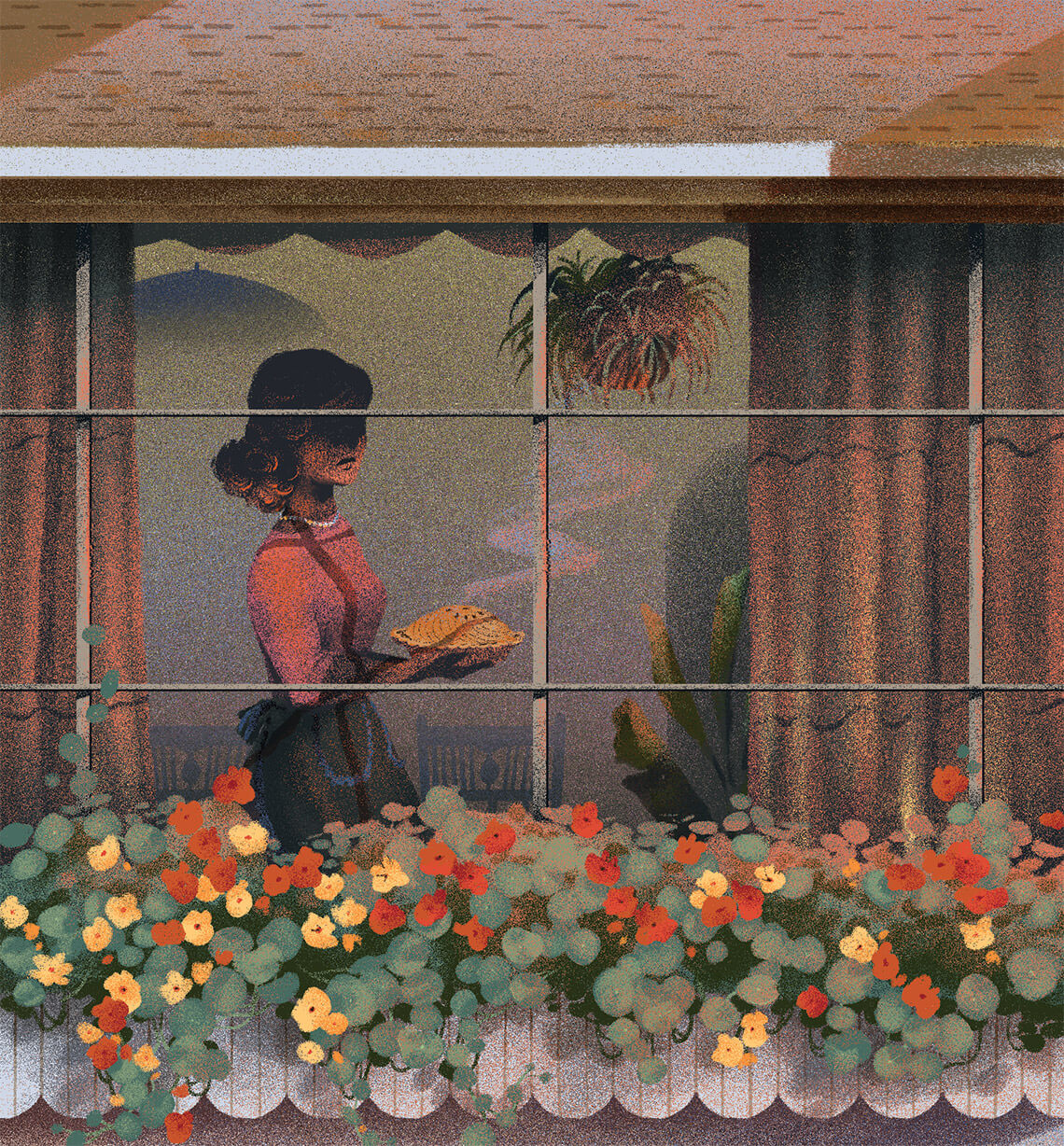 Illustration of woman carrying a pie